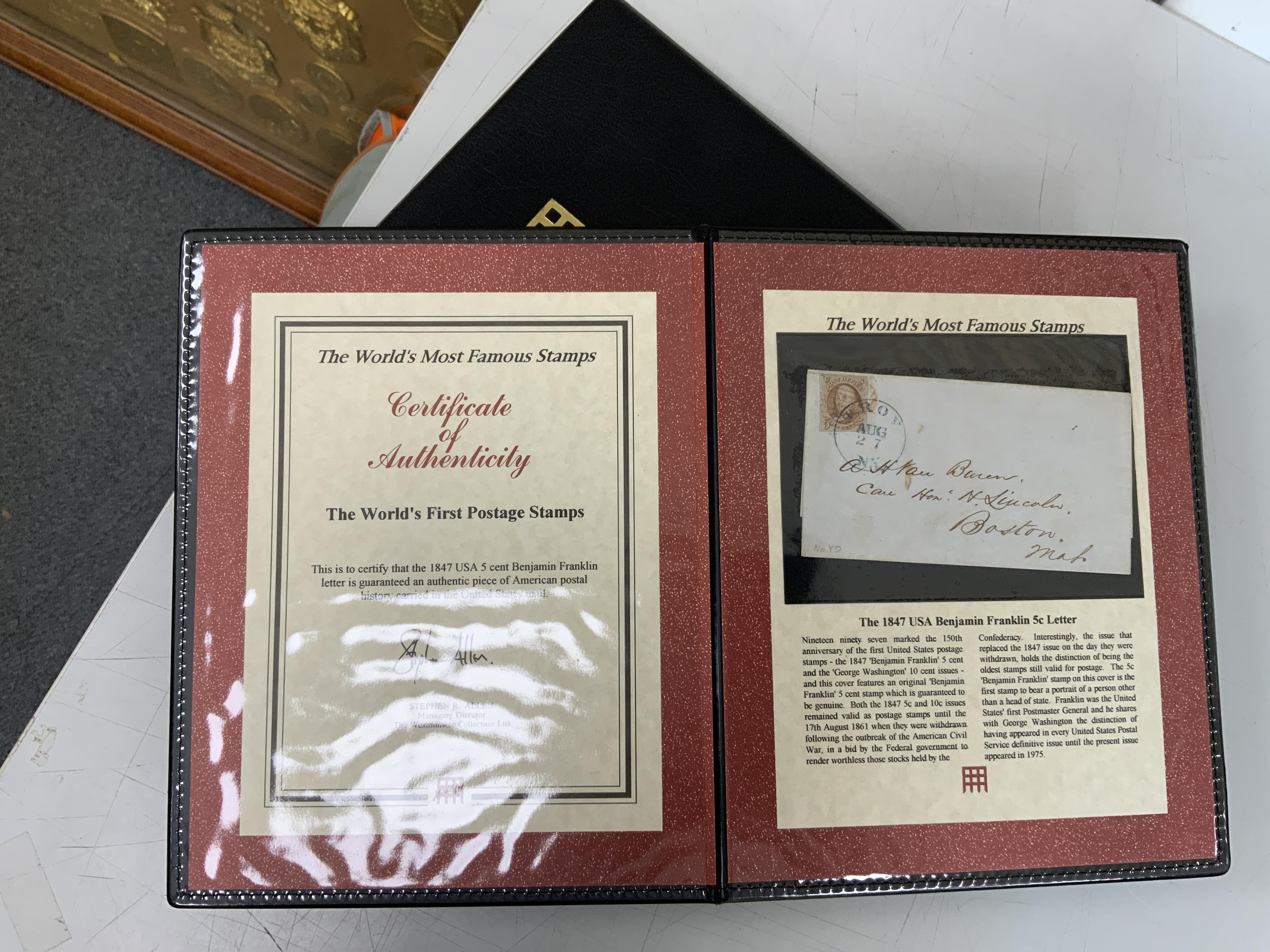 Five presentation folders of stamps issued by the Westminster collection as part of The World’s Most Famous Stamps and Philatelic Classics series including; a USA 1847 letter with 5c stamp, the 3d Beaver Canada stamp, tw